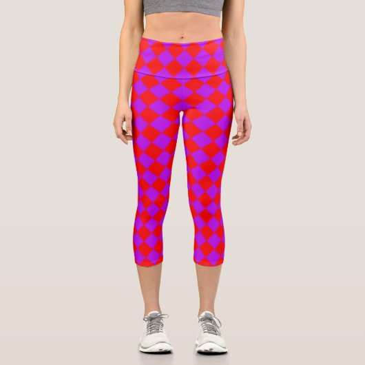 Red Lila Schachbrett Diamond Pattern Capri Leggings (Vorderseite)