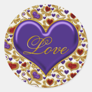 Red Lila und Gold Hearts Verziert Gold Wirbel Lieb Runder Aufkleber