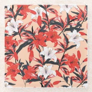 Red Lily: Vintages botanisches Muster. Glasuntersetzer