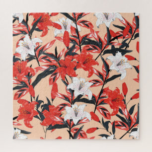 Red Lily: Vintages botanisches Muster. Puzzle