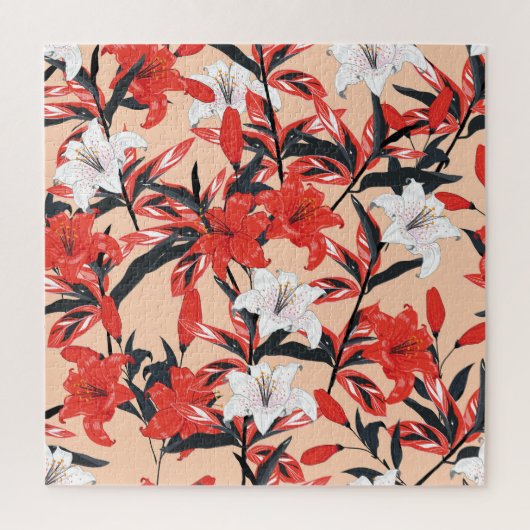 Red Lily: Vintages botanisches Muster. Puzzle (Vertikal)