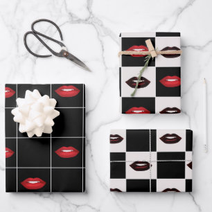 Red Lips Black Checkerboard und Raster Retro Vibes Geschenkpapier Set