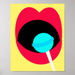 Red Lips Blue Lollipop Retro Yellow Poster Print
