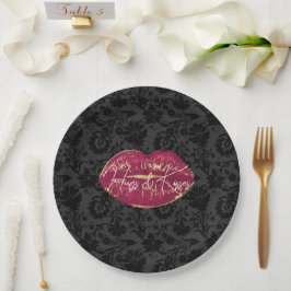 Red Lips Kiss Black Floral Pappteller