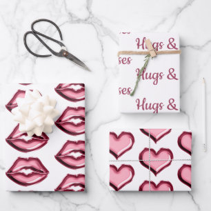 Red Lips Kiss Hearts Geschenkpapier Set