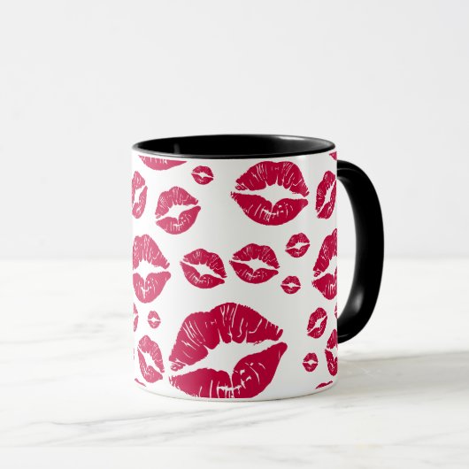 Red Lips Modern Kiss Pattern Trendweiß Tasse (VorderseiteRechts)