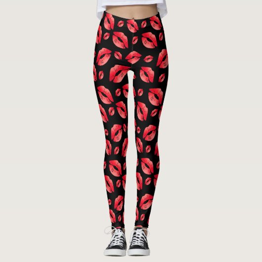 Red Lips Pattern Black Leggings (Vorderseite)