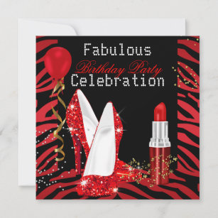 Red Lipstick Glitzer Heelse Zebra Birthday Party Einladung