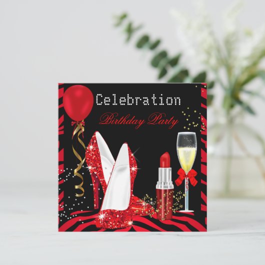 Red Lipstick Glitzer Zebra Birthday Party Einladung (Stehend Vorderseite)