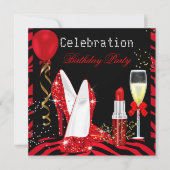 Red Lipstick Glitzer Zebra Birthday Party Einladung (Vorderseite)