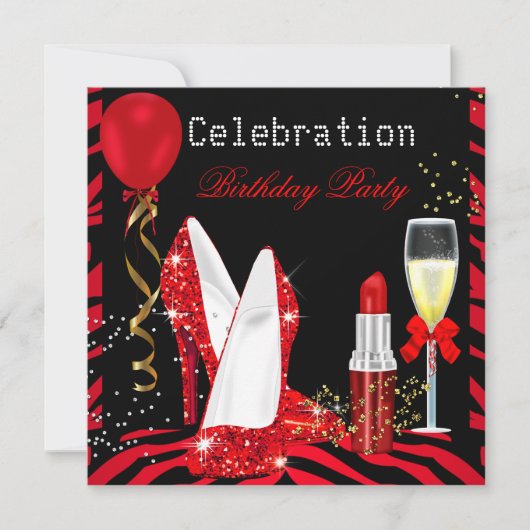 Red Lipstick Glitzer Zebra Birthday Party Einladung (Vorderseite)