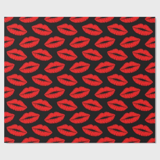 Red Lipstick Kiss Pattern Black Wrapping Paper Geschenkpapier (Flach)