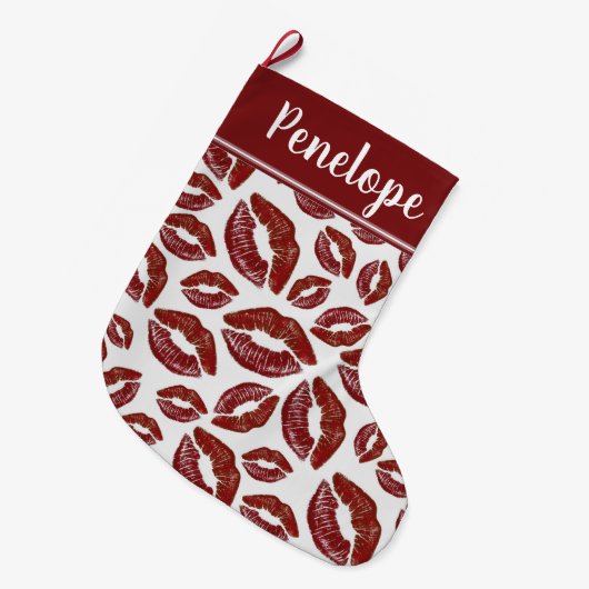 Red Lipstick Kiss Pattern Großer Weihnachtsstrumpf (Vorderansicht (hängend))
