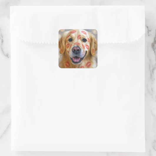 Red Lipstick Kisses On a Golden Retriever Quadratischer Aufkleber (Tasche)