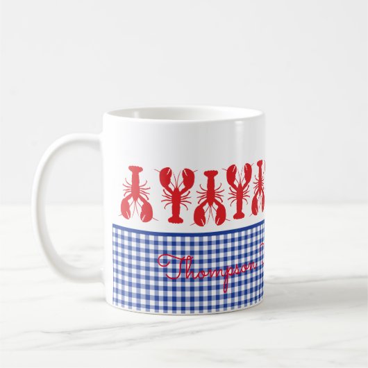 Red Lobster Blue White Gingham Coastal Custom Text Kaffeetasse (Links)