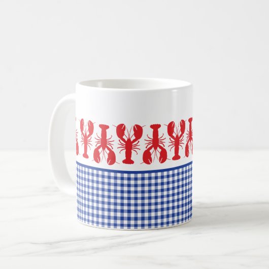 Red Lobster Blue White Gingham Coastal Fun Kaffeetasse (Vorderseite Links)