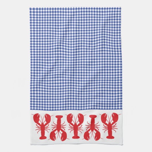 Red Lobsters Blue White Gingham Coastal Travel Geschirrtuch (Vertikal)