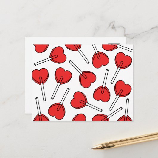 Red Lollipops, Heart Lollipops, Lollipop Pattern Postkarte (Vorderseite/Rückseite Beispiel)