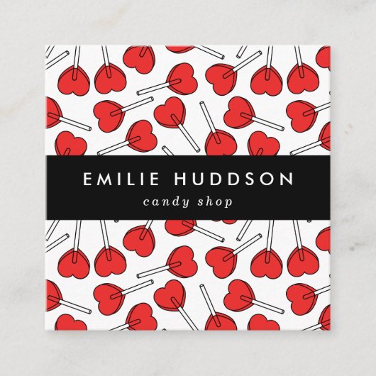 Red Lollipops, Heart Lollipops, Lolly, Candy Shop Quadratische Visitenkarte (Vorderseite)