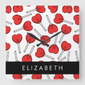 Red Lollipops, Heart Lollipops, Lolly, Your Name Quadratische Wanduhr (Vorderseite)
