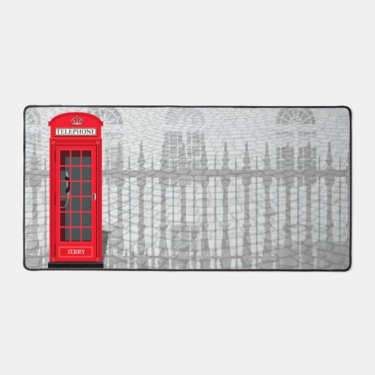 Red London Phone Booth with Name Schreibtischunterlage (Vorderseite)
