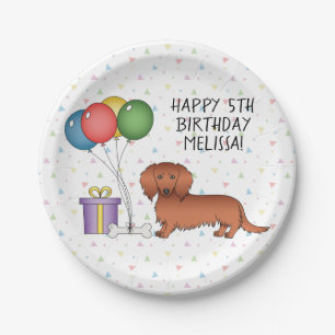 Red Long Hair Dackel Cartoon Hund Happy Birthday Pappteller