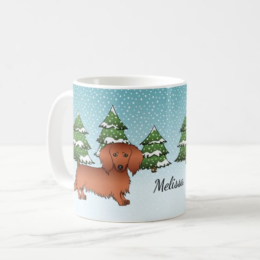 Red Long Hair Dackel Niedlich Dog - Winterwald Kaffeetasse (Vorderseite Links)