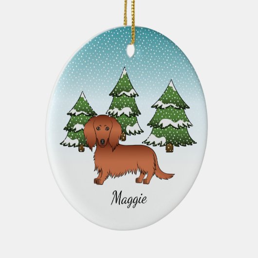 Red Long Hair Dackel Niedlich Dog - Winterwald Keramik Ornament (Rechts)