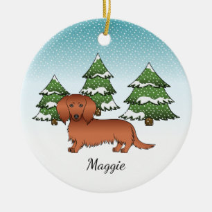 Red Long Hair Dackel Niedlich Dog - Winterwald Keramik Ornament