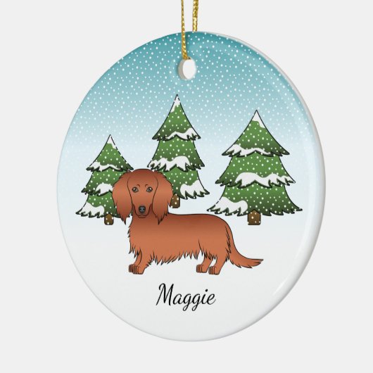 Red Long Hair Dackel Niedlich Dog - Winterwald Keramik Ornament (Links)