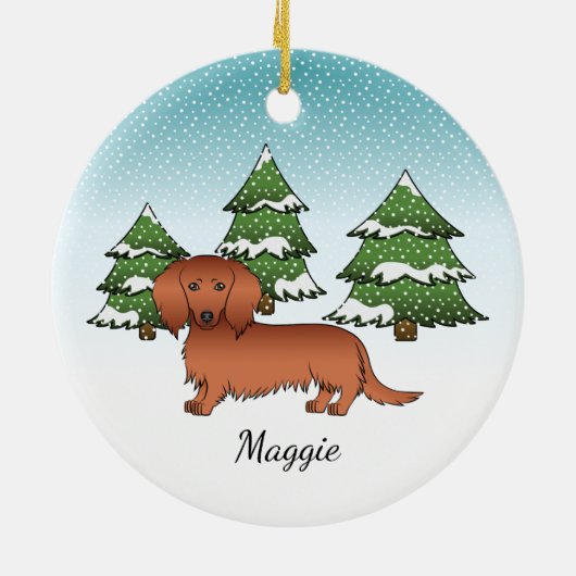 Red Long Hair Dackel Niedlich Dog - Winterwald Keramik Ornament (Hinten)