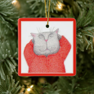RED LONG JOHNS CAT Keramik Square Ornament