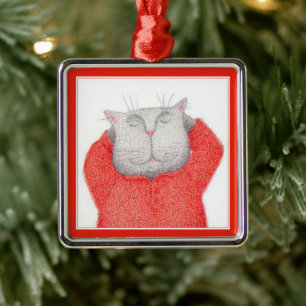 RED LONG JOHNS CAT Premium Square Ornament Aus Metall