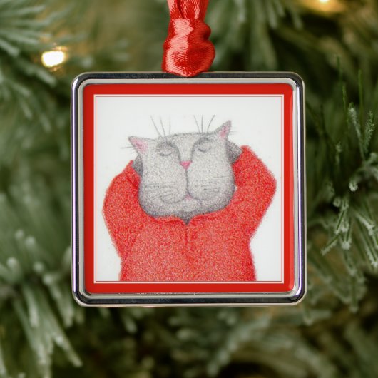 RED LONG JOHNS CAT Premium Square Ornament Aus Metall (Baum)