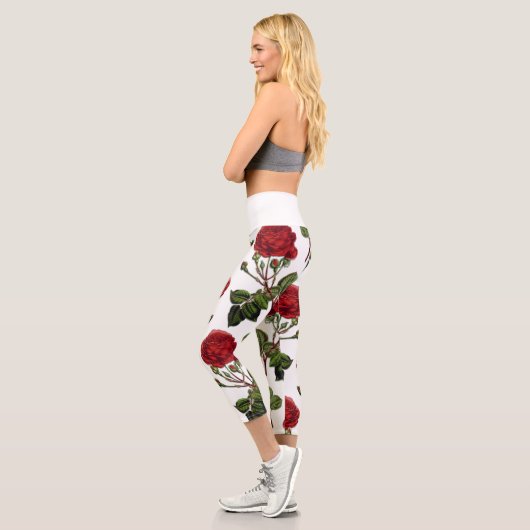 Red Long Steam Rose Muster Capri Leggings (Links)