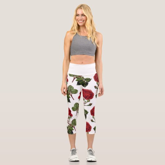 Red Long Steam Rose Muster Capri Leggings (Vorderseite)