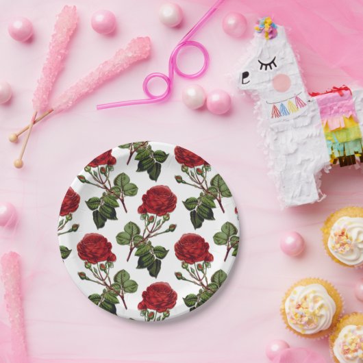 Red Long Steam Rose Muster Pappteller (Party)