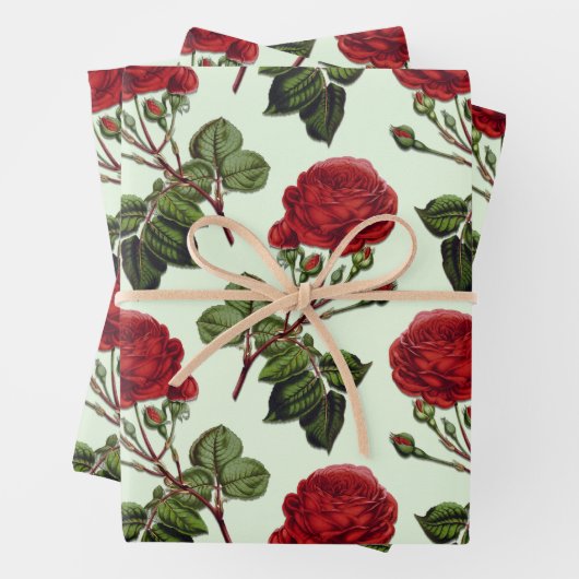 Red Long Stem Rose Muster Minze Green Hintergrund Geschenkpapier Set (Beispiel)