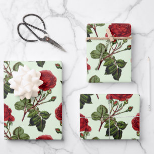 Red Long Stem Rose Muster Minze Green Hintergrund Geschenkpapier Set