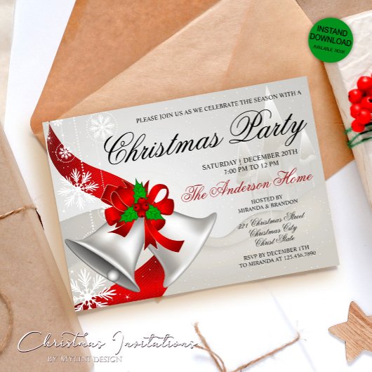 Red Loop Silver Bells Weihnachtsfest Party Einladung