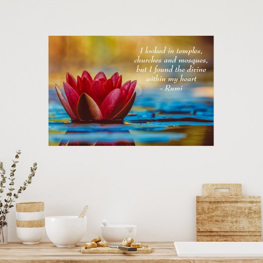 Red Lotus Blume über blaues Wasser Spirituelles Zi Poster (Küche)