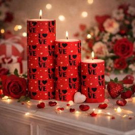 Red LOVE Pattern with Heart Emblems Stumpenkerze