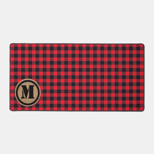 Red Lumberjack Buffalo Kariert und Burlap Monogram Schreibtischunterlage (Vorderseite)
