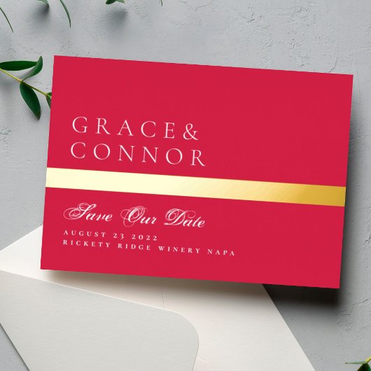 Red Magenta Stripe Foto Save the Date Folieneinladung