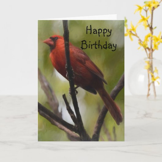 Red Male Northern Kardinal sitzt auf einem Zweig Karte (Gelbe Blume)