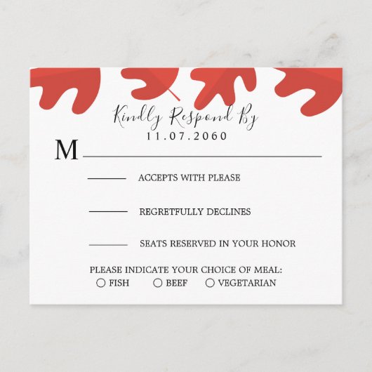 Red Maple Leaf Wedding RSVP Card Einladungspostkarte (Vorderseite)