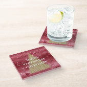 Red Marble Gold Glitzer Weihnachtsbaum Glasuntersetzer (Schrägansicht)