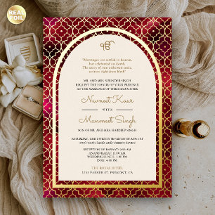Red marokkanisches Muster Sikh Arch Wedding Gold Folieneinladung