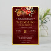 Red Maroon Floral Foto Indian Wedding Gold Folieneinladung (Stehend vorne)