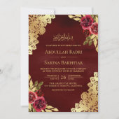 Red Maroon Floral Gold Lace QR Code Muslime Hochze Einladung (Vorderseite)